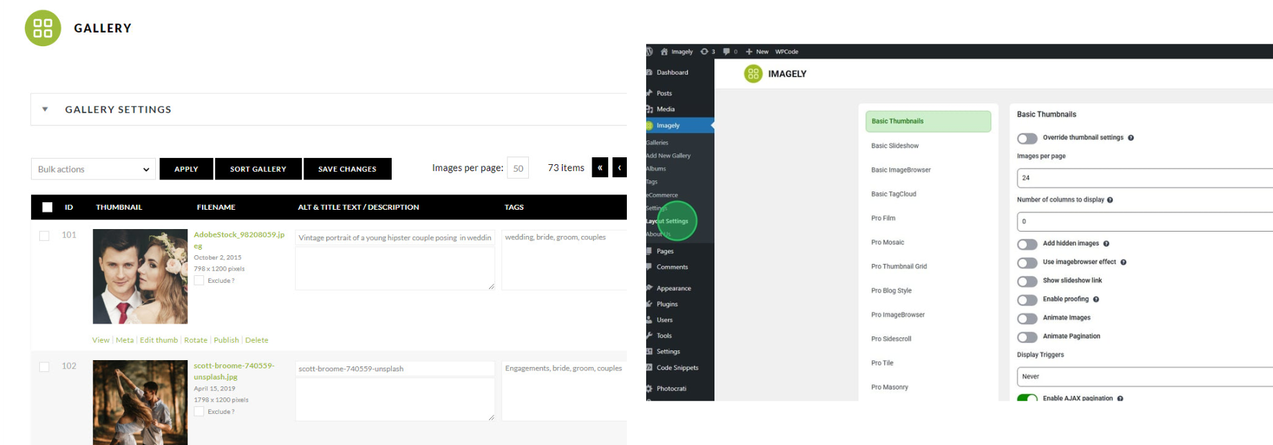 Imagely UI split comparison of settings screen: old UI on the left and new UI on the right